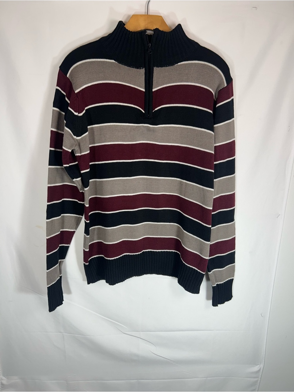 TRUE ROCK Men's Zip-Neck Striped Sweater - Navy, Burgundy & Gray